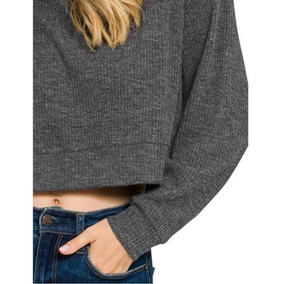 Zenana Drop Shoulder Ribbed Crop Hoodie gray/black small - Picture 3 of 7